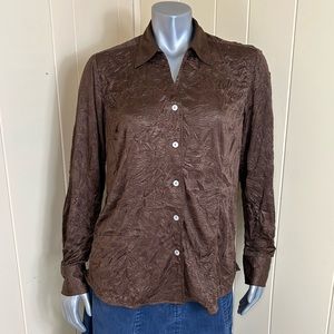 Orvis Blouse Button Front Top Womens Size L Brown Crinkle Long Sleeve Soft